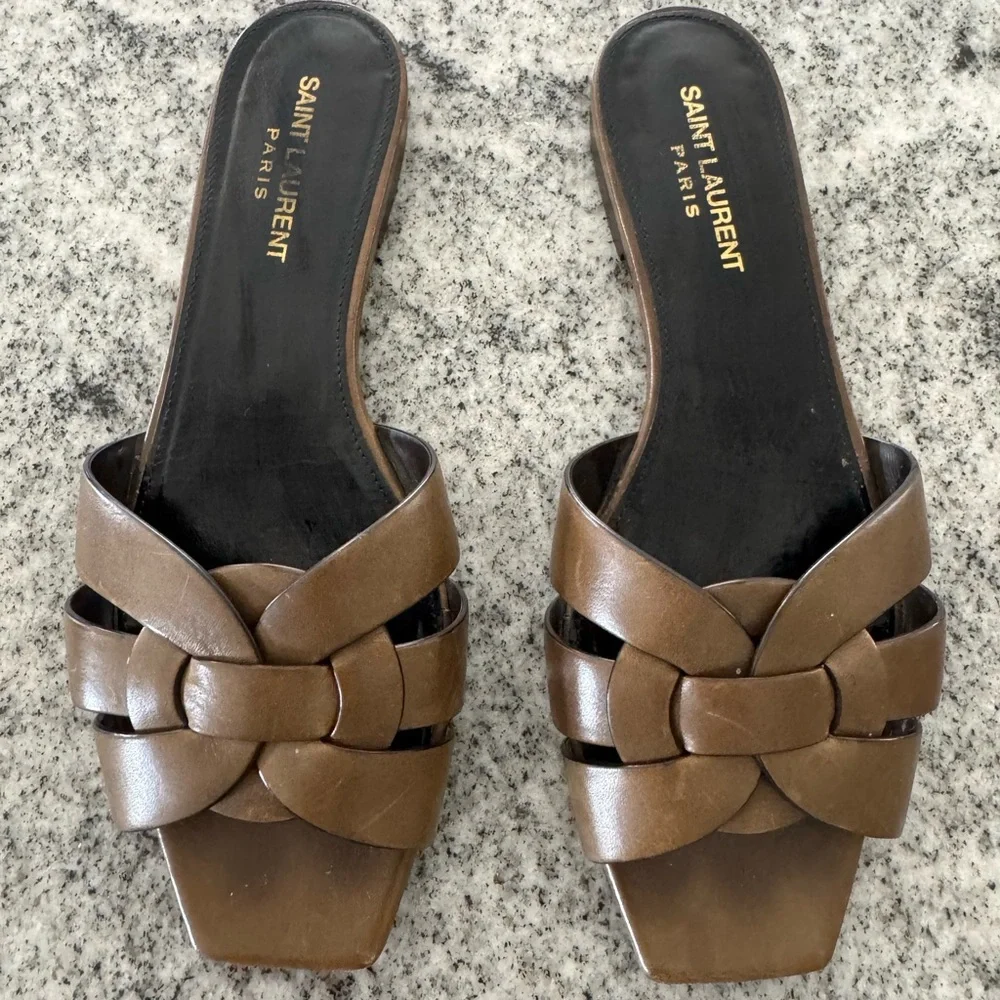 Saint Laurent “Tribute” leather olive green sandals 38 - Picture 1 of 7